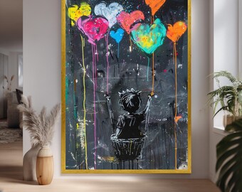 Banksy Balloon Canvas. Graffiti Style Canvas Print With Crowned Child Reaching For Colorful Heart Balloons Urban Street Art Wall Decor