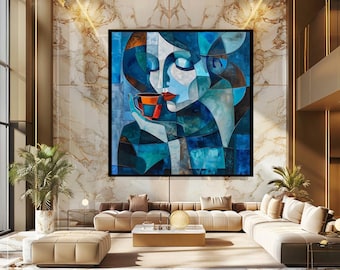 Cubist Woman with Coffee Cup Wall Art, Abstract Geometric Female Portrait in Blue and Orange Tones for Modern and Elegant Home Decor