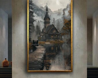 Misty Lakeside Church Canvas Wall Art with Vintage Car and Autumn Forest, Moody Gothic Nature Scene for Rustic or Elegant Home Decor