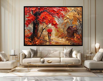 Autumn Walk Oil Print Style Wall Art, Red Umbrella Canvas Art, Fall Landscape Artwork for Cozy Home Decor