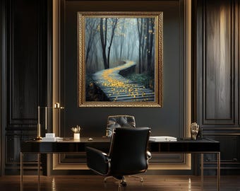 Foggy Forest Wooden Path Wall Art with Yellow Leaves, Peaceful Minimalist Nature Canvas Print for Zen, Rustic or Mindful Home Decor