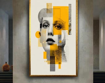 Abstract Woman Portrait Wall Art Print – Modern Geometric Face Canvas – Minimalist Yellow Grey Poster – Contemporary Home Decor