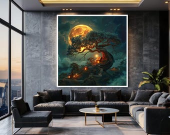 Magical Moonlight Fantasy Wall Art Print, Enchanted Tree House Landscape, Dreamy Night Forest Decor for Cozy Cottagecore Homes