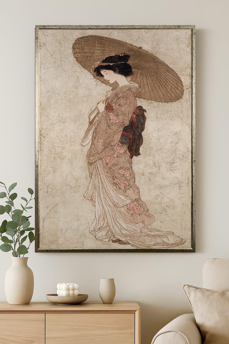 Vintage Japanese Woman Canvas Wall Art With Kimono and Umbrella ...