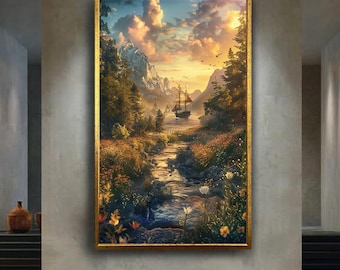 Fantasy Landscape Canvas Wall Art with River and Sailing Ship, Mountain Nature Print for Living Room, Sunset Forest Digital Artwork