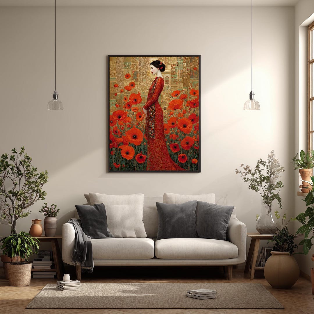 Golden Woman in Red Dress Canvas Wall Art Klimt Style Poppy Field ...