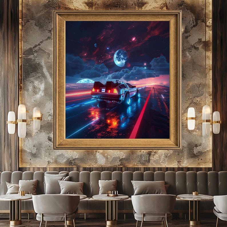 Retro Futuristic Car Wall Art Print, Synthwave Sci Fi Neon Landscape ...