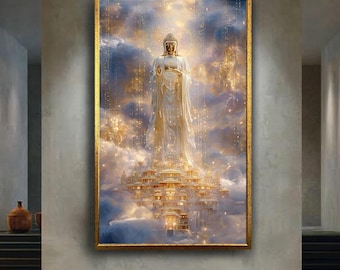 Golden Buddha in Celestial Palace Wall Art – Enlightened Divine Light Print Surrounded by Clouds and Sacred Temple Architecture