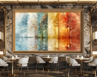 Four Seasons Reflection Wall Art Print, Abstract Tree Landscape Canvas Art, Colorful Nature Artwork for Seasonal Home Decor