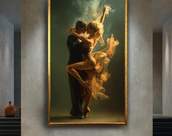 Romantic couple dancing tango in passionate golden smoke wall art canvas print sensual dance lovers artwork for living room decor