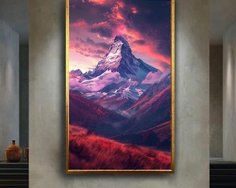 Matterhorn Mountain Canvas Wall Art, Vibrant Sunset Landscape Print, Fantasy Style Alpine Nature Artwork for Modern Home Decor
