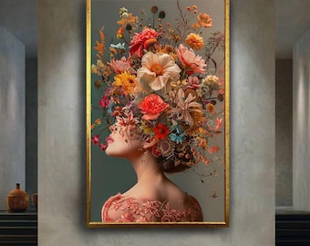 Floral Woman Portrait Canvas Wall Art, Colorful Botanical Headpiece Artwork for Home Decor, Romantic Bohemian Gift for Art Lovers