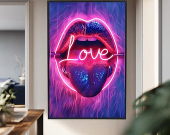 Neon Love Lips Wall Art Canvas Print – Sexy Tongue Pop Art Poster, Colorful Modern Artwork for Bedroom or Living Room Décor