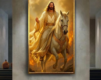 Jesus on white horse canvas wall art print, golden glory religious artwork, Revelation inspired Christian decor for prayer room or church