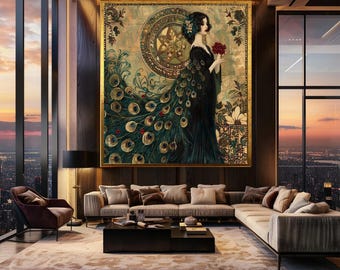 Vintage Peacock Woman Canvas Wall Art – Art Nouveau Fantasy Style Portrait with Gold Details and Floral Mandala for Elegant Home Decor