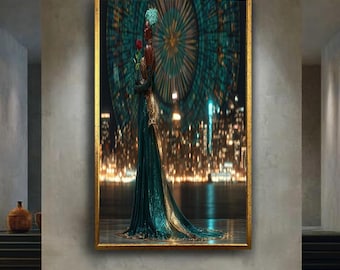 Elegant African Woman Canvas Wall Art with City Skyline, Green Gold Gown, Red Rose, Luxury Modern Home Decor for Living Room