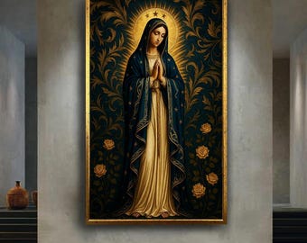Virgin Mary Canvas Wall Art, Sacred Madonna Religious Print, Holy Christian Artwork for Prayer Room or Spiritual Home Decor