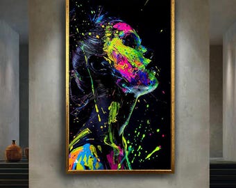 Neon Paint Splash Woman Canvas Wall Art – Vibrant Abstract Portrait, Colorful Modern Art Print for Contemporary Home or Studio Decor