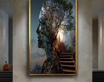 Surreal Nature Head Wall Art Print, Double Exposure Tree Silhouette Poster, Spiritual Stairway Conceptual Artwork