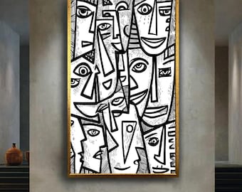 Abstract Cubist Faces Canvas Print – Black and White Modern Line Art for Creative Office, Minimalist Home or Contemporary Wall Decor