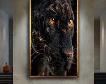 Black Panther Canvas Wall Art with Golden Glow, Luxury Wild Cat Close-Up Print for Bold Home or Office Decor, Majestic Animal Portrait