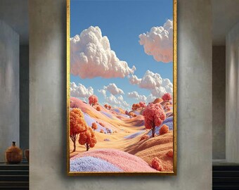 Pastel Fantasy Landscape Canvas Wall Art Print, Dreamy Nature Illustration with Soft Clouds and Candy Trees, Whimsical Room Decor