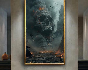 Giant Skull Apocalypse Canvas Wall Art – Dark Burning Mountain Pass with Ravens, Gothic Horror Fantasy Print for Dramatic Home Decor