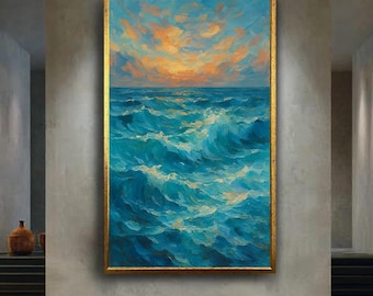 Ocean Sunset Waves Canvas Wall Art, Seascape Oil Painting Style Artwork for Home Decor, Coastal Gift for Beach and Sea Lovers