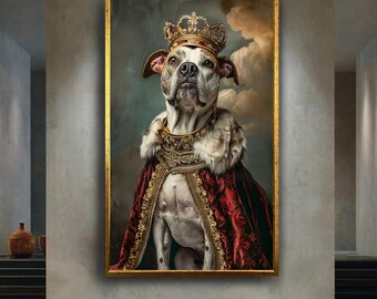 Royal Pitbull Dog Canvas Wall Art, Funny Noble Pet Portrait in King Costume, Baroque Style Animal Print for Dog Lovers and Whimsical Decor