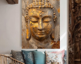 Textured Buddha Canvas Wall Art – Rustic Gold Face Print for Zen Meditation Decor, Asian Inspired Spiritual Artwork on Canvas