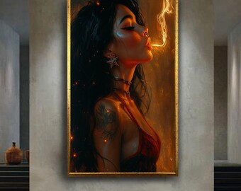 Dark Smoky Female Portrait Canvas Art | Sensual Woman with Tattoo and Fire Glow | Edgy Bold Wall Decor for Modern Interiors