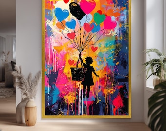 Banksy Balloon Canvas Print With Girl Floating On Heart Balloons Modern Graffiti Wall Art For Pop Art Inspired Room Decor