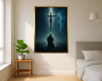 Crucifix Storm Wall Art Print - Jesus On Cross Lightning Poster - Christian Prayer Scene - Dark Religious Canvas Home Decor Gift