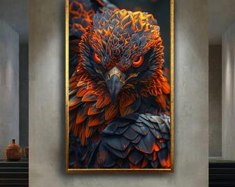 Fiery Eagle Digital Art Canvas Print for Wall Decor, Fantasy Animal Artwork for Living Room or Office, Bold Dark Bird Wall Art