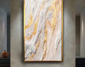 Abstract White Beige and Gold Marble Canvas Wall Art with Fluid Print Texture, Modern Luxury Minimalist Home Decoration