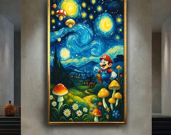 Colorful Mario Starry Night Wall Art Whimsical Video Game Print Pop Culture Artwork Gamer Room Decor Retro Nintendo Print