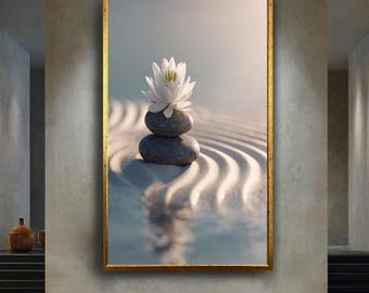 Zen White Lotus Flower Wall Art Print – Minimalist Sand Garden with Stones Canvas – Spa Meditation Poster – Peaceful Home Decor