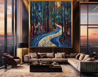 Colorful Abstract Forest Path Canvas – Vibrant Nature Wall Art with Trees and River – Whimsical Landscape Print for Modern Home Decor