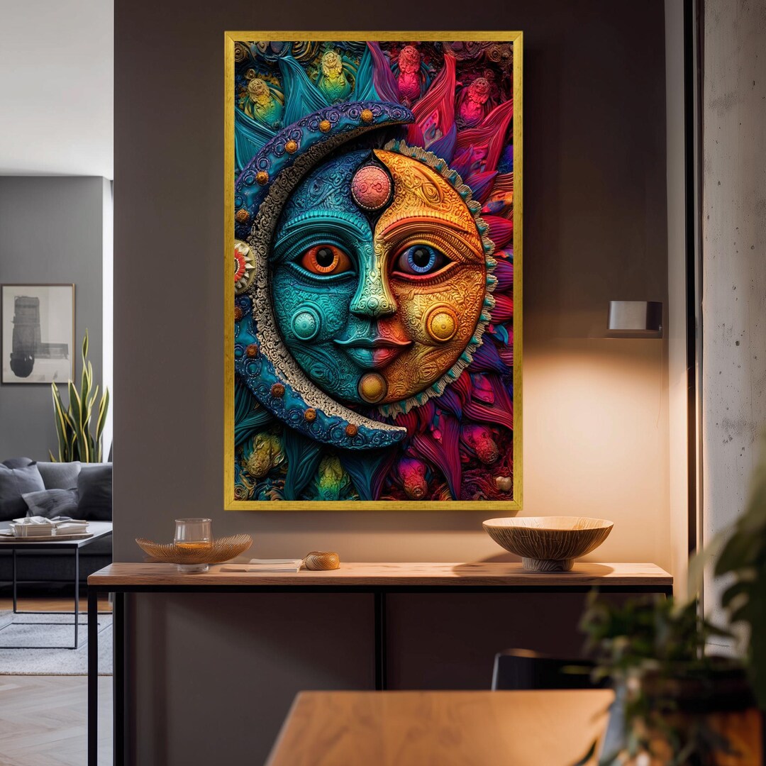 Colorful Sun and Moon Face Wall Art With Boho Celestial Design ...