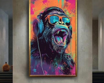 Colorful Monkey Canvas Wall Art – Modern Pop Art Print with Headphones, Neon Graffiti Jungle Animal Decor