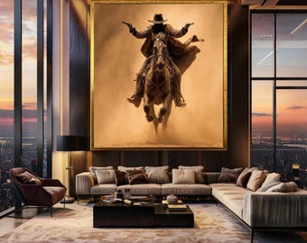 Wild West Cowboy Canvas Wall Art – Dramatic Horseback Gunslinger Western Print for Rustic Country Home or Man Cave Decor