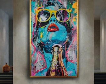 Pop Art Woman Canvas Wall Art with Urban Graffiti Style and Color Splash – Bold Modern Street Art Print for Home or Studio Decor