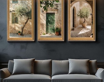 Mediterranean Wall Art Canvas Set of 3, Rustic Olive Tree and Green Door Prints, Warm Neutral European Street Scene for Home Decor
