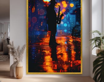 Saxophone Player Canvas Print In Rainy Neon City Street Jazz Night Wall Art For Music Lovers And Modern Urban Home Decor