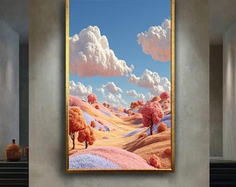Pastel Fantasy Landscape Digital Wall Art Print, Dreamy Nature Illustration with Soft Clouds and Candy Trees, Whimsical Room Decor
