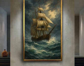 Vintage Sailing Ship Canvas Wall Art – Stormy Sea Nautical Painting for Office or Living Room – Maritime Ocean Adventure Decor
