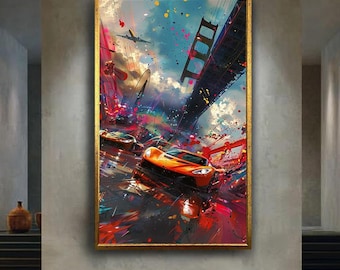 Fast Car Racing Canvas Wall Art with Urban Splash Paint Style – Colorful Supercar Print for Boys Room, Garage or Man Cave Decor
