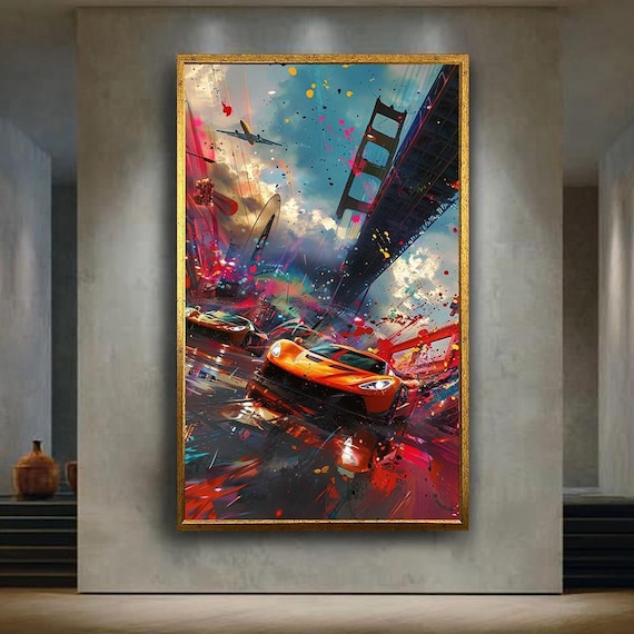 Fast Car Racing Canvas Wall Art With Urban Splash Paint Style