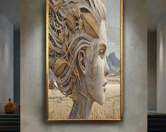 Nature Goddess Woman Portrait Canvas Wall Art with Wheat and Leaves, Rustic Earth Tone Landscape Artwork for Home Decoration