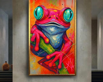 Colorful Frog Wall Art Print - Vibrant Pop Art Animal Poster - Neon Tree Frog Print Canvas - Fun Modern Jungle Room Decor